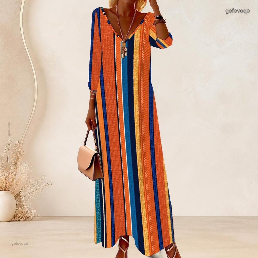 Women Plus Size V Neck Three Quarter Sleeve Polka Dot Printed Long Dress