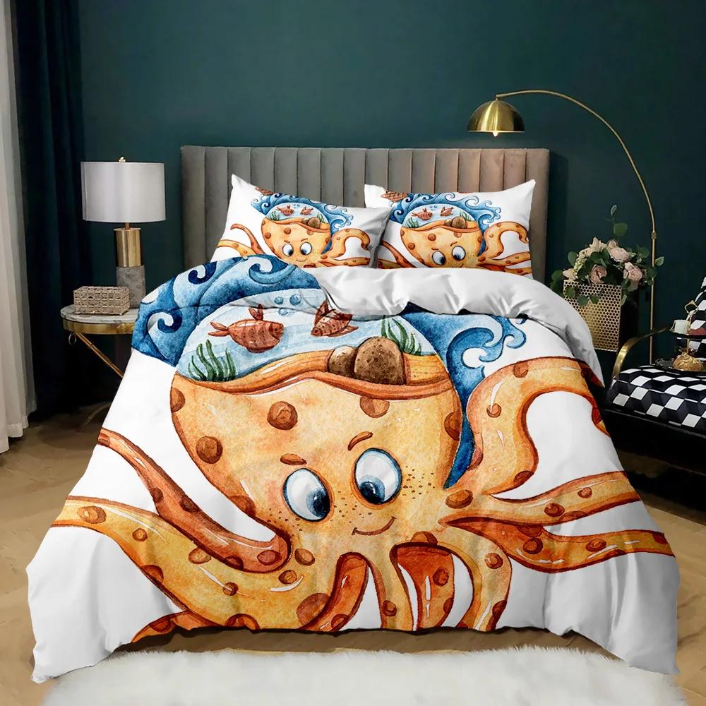Cartoon Oktopus Bettbezug Set King Queen Größe Meerestier Bettwäsche Set Rot Blau 3D Druck 2/3tlg. Weiche Polyester Bettdeckenbezug