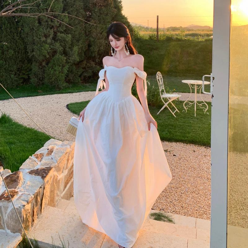 French One-word Shoulder White Long Dress Birthday Party Dress Dress Female Summer Thin Temperament Seaside Vacation Style