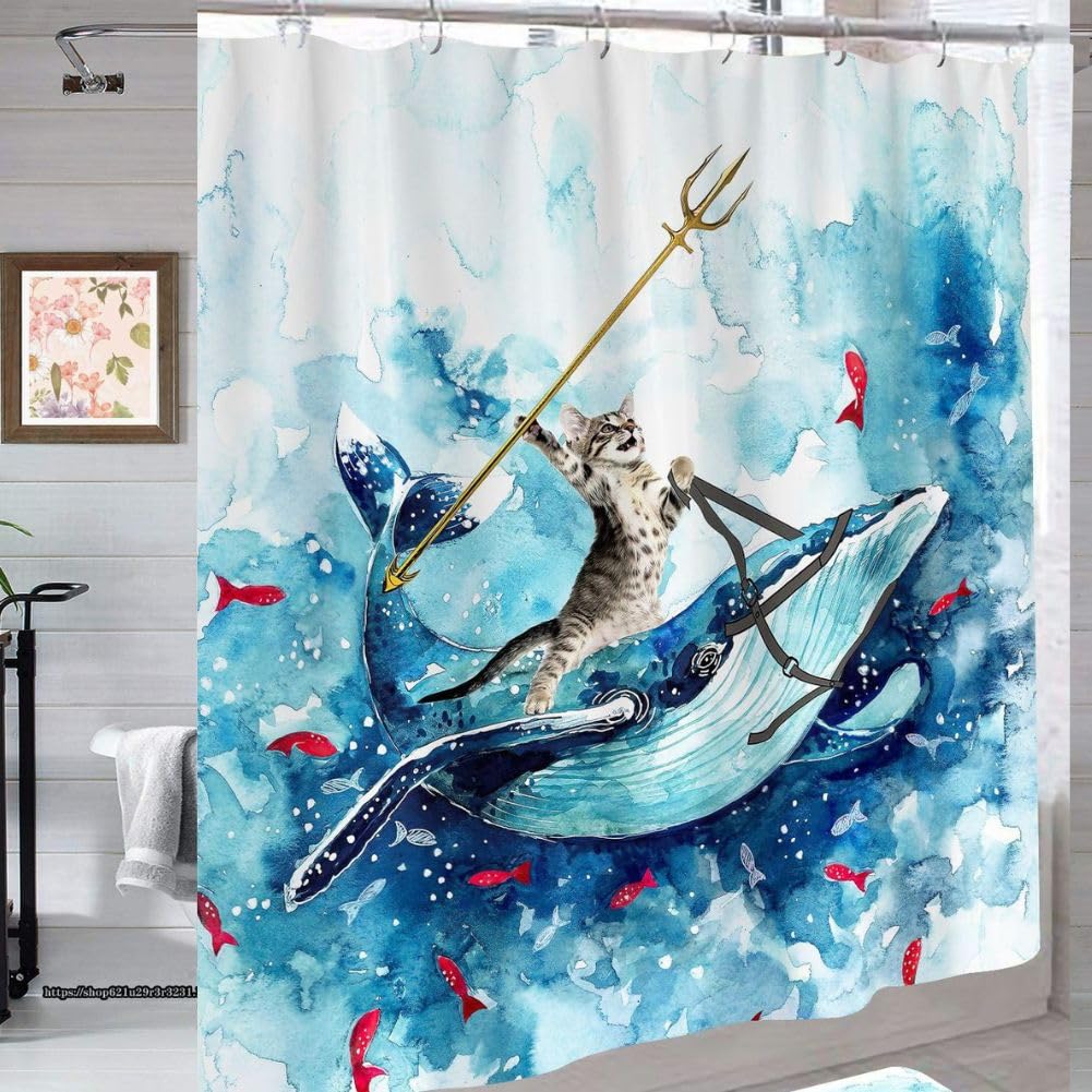 

Cute Cat Shower Privacy Unit Bath Bath Small Animal Design x Curtain, Waterproof, Mildew-Resistant, Washable, Screen, Bath, Curtain, Supplies, Ocean, синий