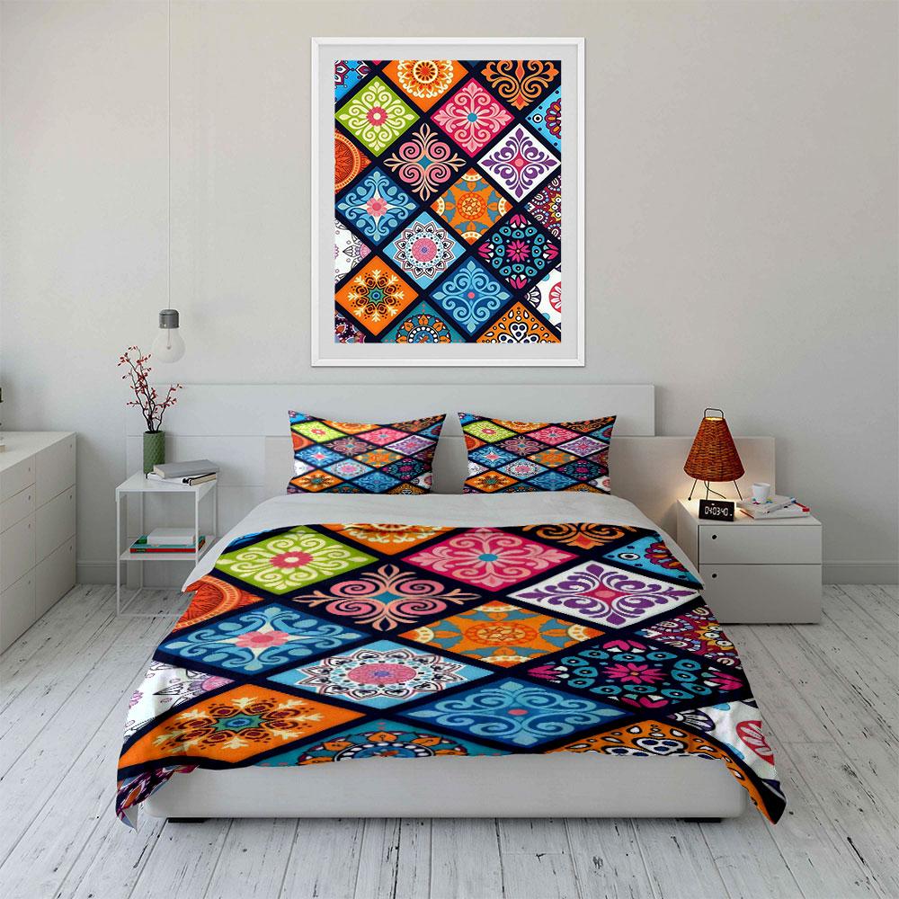 Colorful geometric floral tiles. Bedding sets Duvet cover sets Duvet covers Pillowcases(1 * Duvet Cover 2 * Pillowcases without duvet insert)