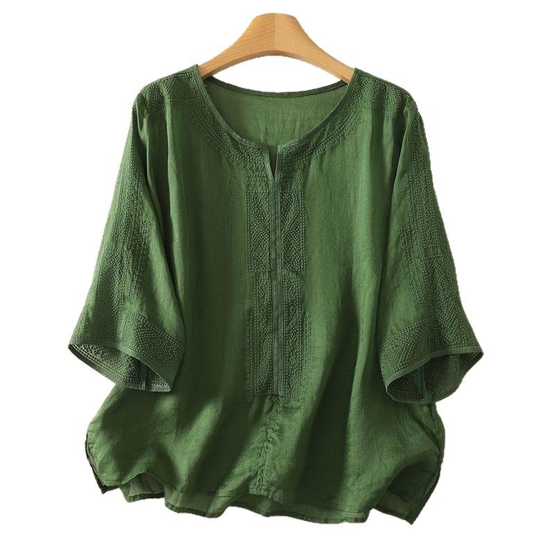 Baumwoll-Leinen-Stickerei V-Ausschnitt Kurzarm T-Shirt Damen Sommer Locker Dünn Mittellang Ärmel Literarisch Künstlerisch Stil Große Größe