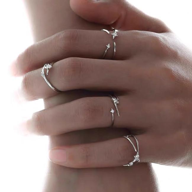 PONYKISS 925 Silver Zircon Star Line Cross Opening Rings for Women Cute Fine Jewelry Minimalist Personality Accessories