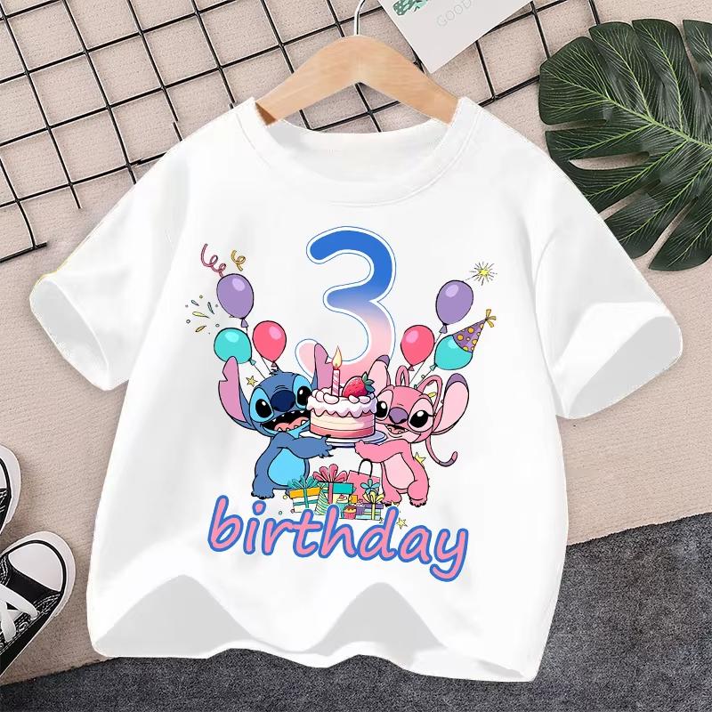 Stitch Tshirt Fashion Number Printed Unisex Women Clothes Cotton Short Sleeve Children Clothing Cute Cartoon Birthday Tops S