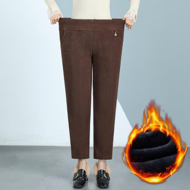 High-Waisted Corduroy Mom Pants with Velvet, Plus Size, for Middle-Aged & Elderly Women, Loose Straight-Leg Cropped Fit