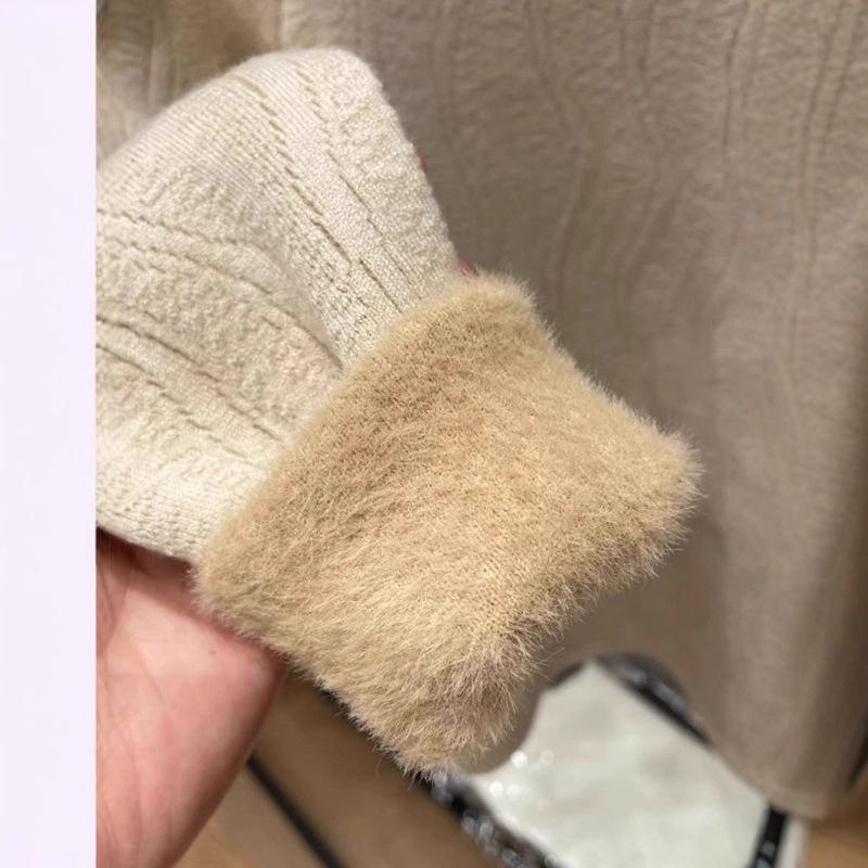 Autumn and winter fleece thickened sweater schoolgirl integrated fleece with semi-turtleneck knitted wool cashmere bottoming shirt top