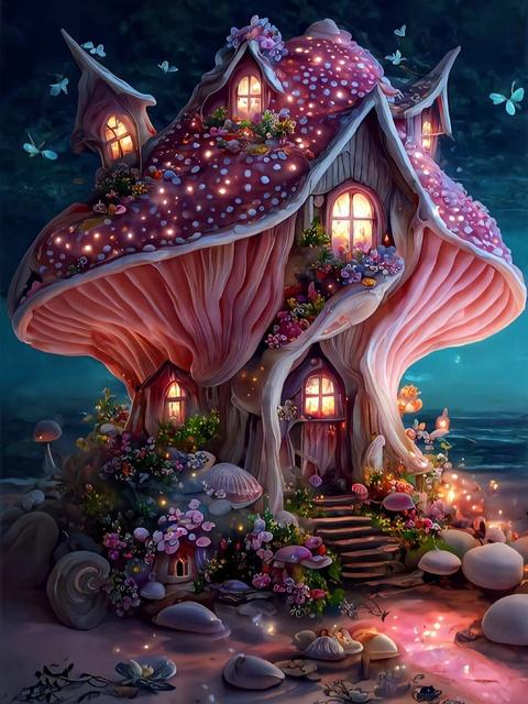 Full Round Embroidery Diamond Square Mosaic Fantasy Mushroom House Diamond Painting Cross Stitch Hand Landscape Home Decor