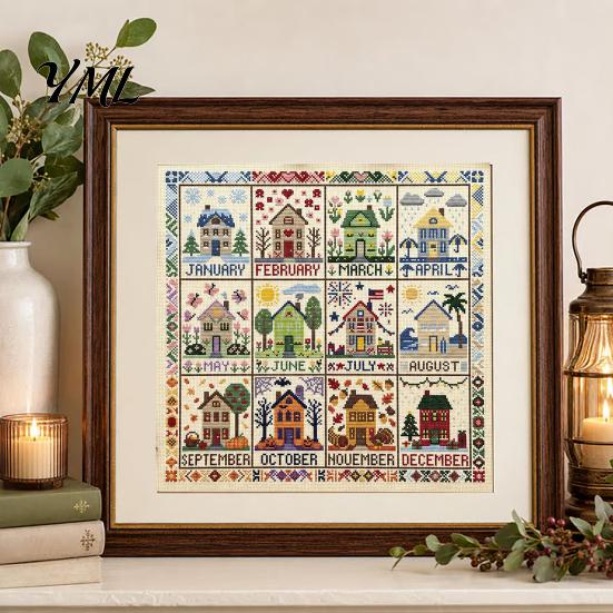 Healing Hobby Gift for Craft Lovers 12-Month Cross Stitch Kit, DIY Four Seasons Embroidery Seasonal Idea Enthusiasts Stamped Stitching Set Beginners,