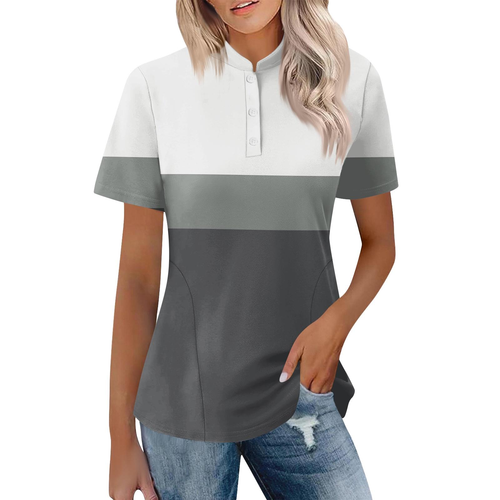 

Women Casual Polo Neck Short Sleeve Loose Fit Top Fashionable Pullover Blouse with Button Up Design for Daily Wear XXL бежевый