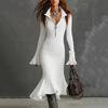 Women's 1/4 Zipper Bell Sleeve Sweater Long Fishtail Dress Knitted Tight Dress