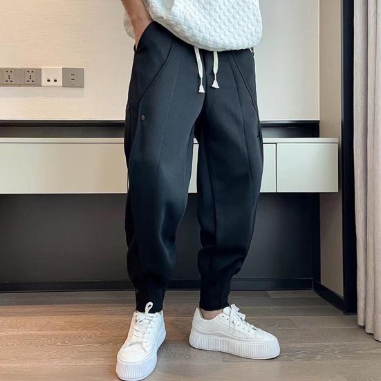 Autumn Men Pants Solid Color All Match Drawstring Elastic Waist Loose Ankle Tied Pants for Daily Wear