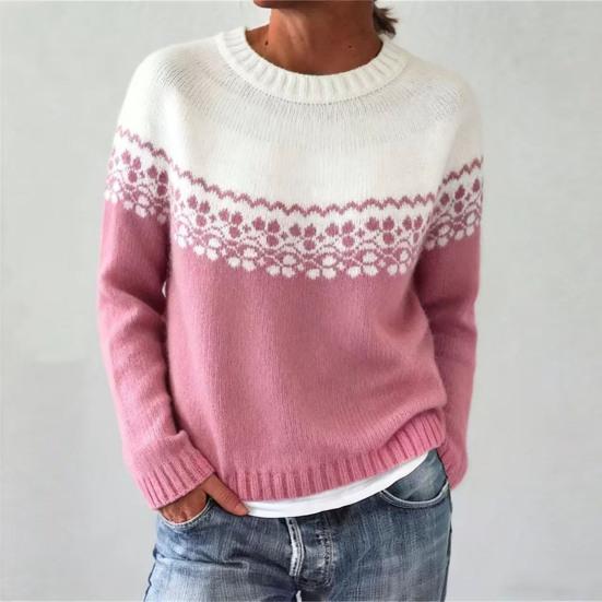 Women Sweater Round Neck Long Sleeve Patchwork Color Pullover Tops Loose Fit Autumn Winter Knit Tops