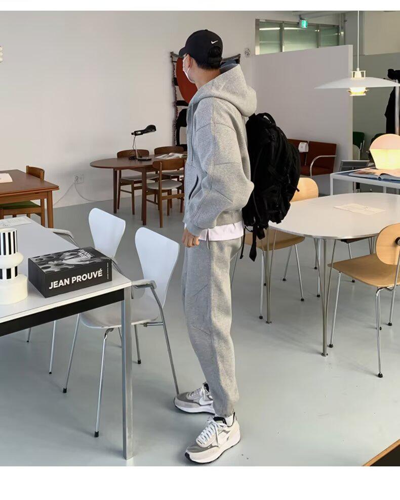 Men's Heavyweight Korean Style Loose Solid Color Hooded Cardigan with Double Zipper