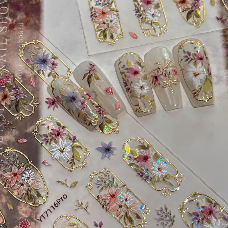 5D Embossed Flower Nail Art Stickers Glitter Laser Petal Self Adhesive Nail Slider Decals Decorations Accessories Diy