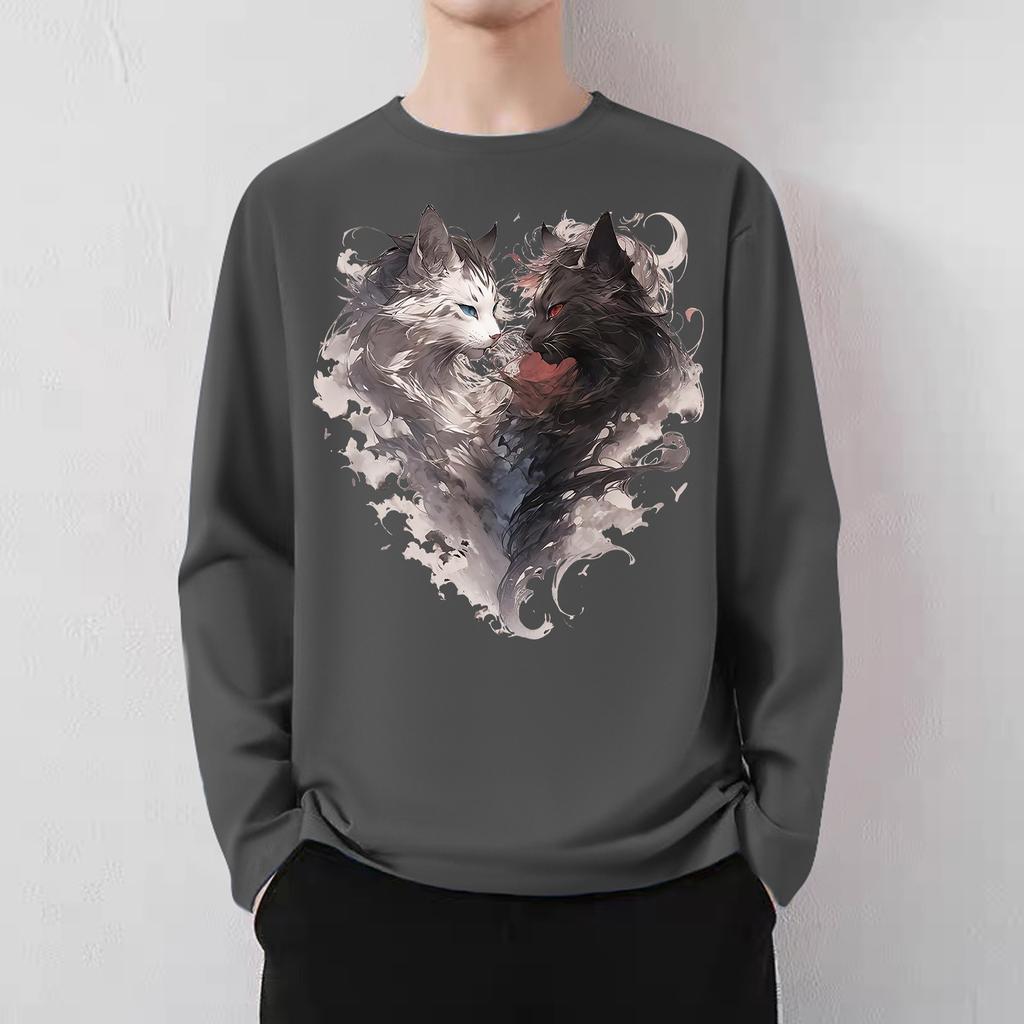 Japanese high street smoke cat print men and women 2024 spring and autumn loose American lazy chic couple crew neck t-shirt