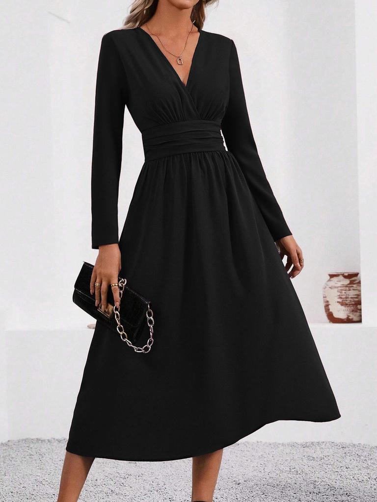 Elegant Women's V-Neck Long Sleeve Ruched Waist Dress for Autumn/Winter