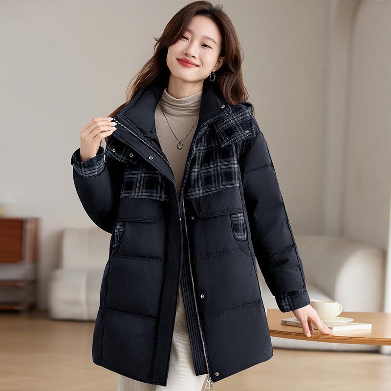 2024 Women's Fashionable Hooded Down Coat: Mid-Length, Lightweight, Patchwork Design