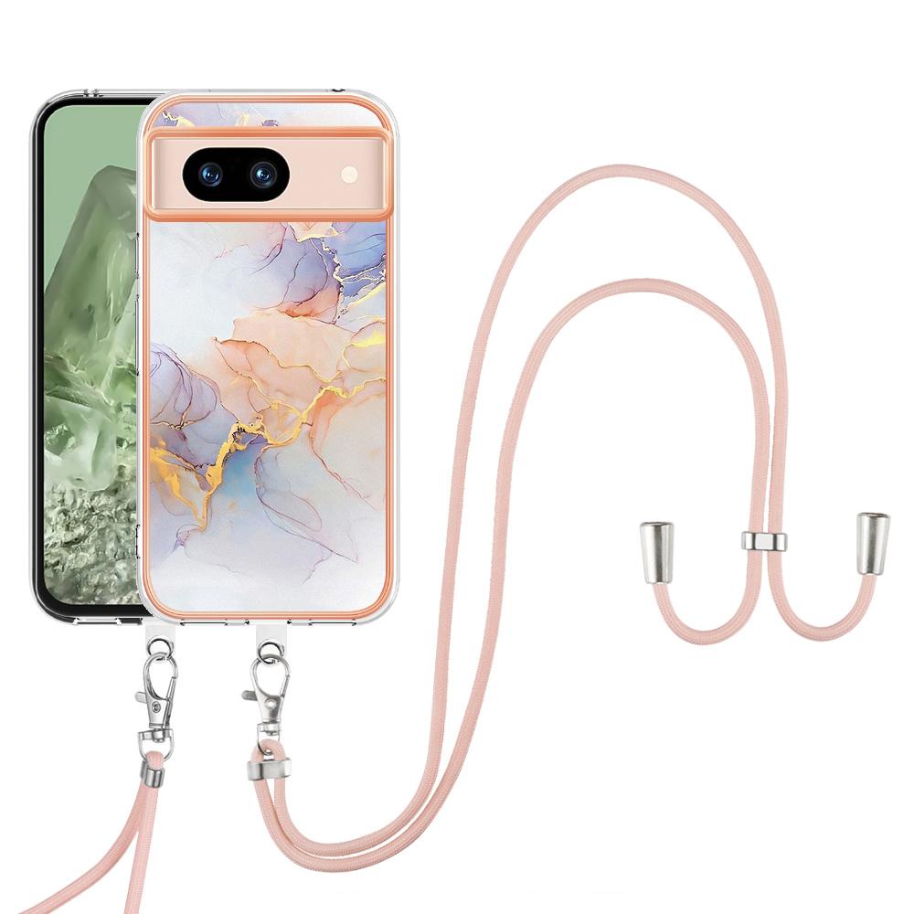 

For Google Pixel 8a Case with Lanyard IMD Marble Pattern Electroplated TPU Back Cover D