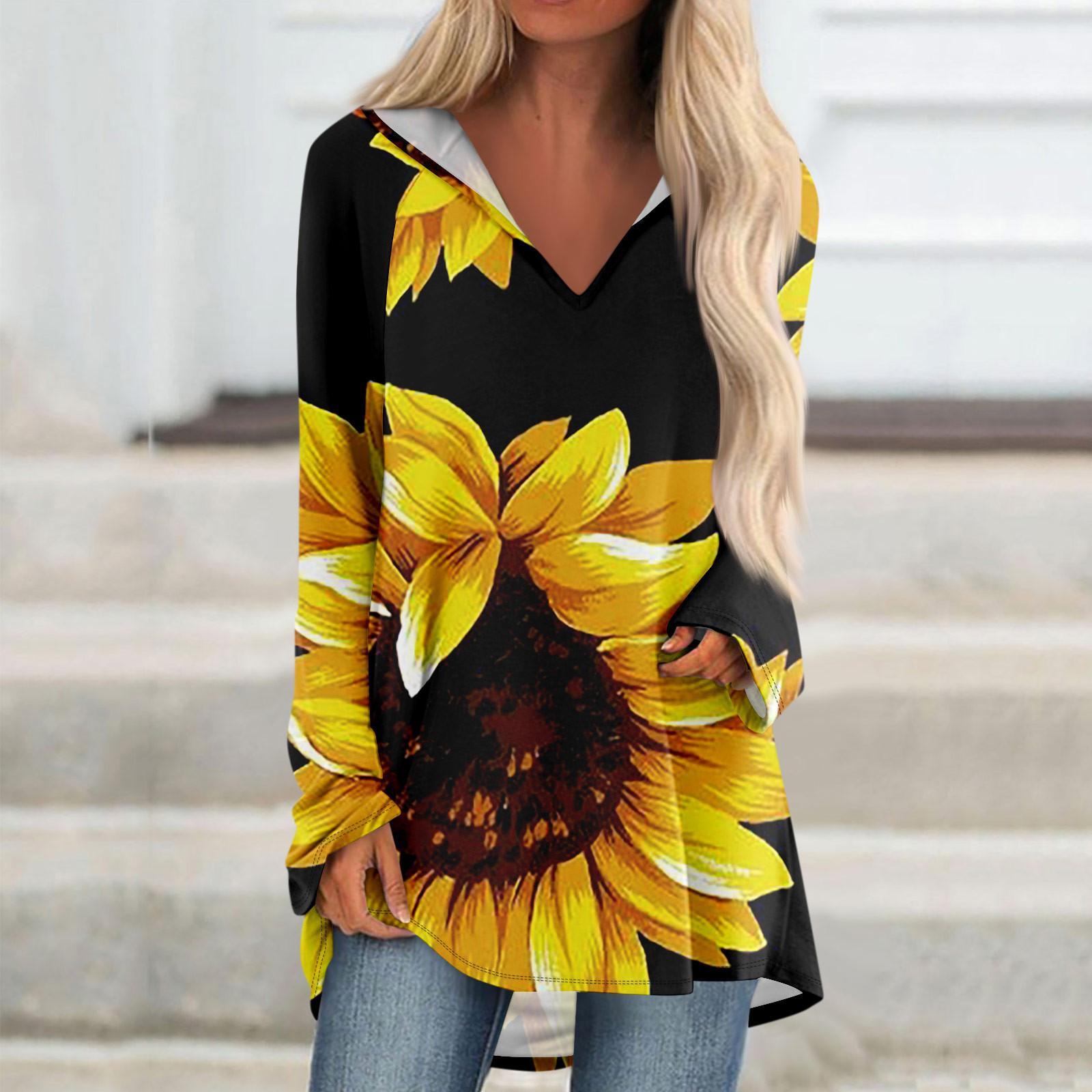 Женские свободные топы с V-образным вырезом и капюшоном с длинными рукавами — фото 8