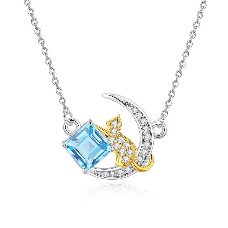 S925 Sterlingsilber Mond Stern Halskette für Damen Naturstein Anhänger Süße Katze Schlüsselbein Kette Mode Retro Schmuck Geschenk