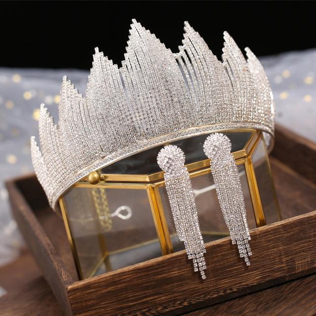 Baroque Silver Color Crystal Bridal Tiaras Crown With Earrings Rhinestone Pageant Diadem Luxury Wedding Hair Accessories Bijoux