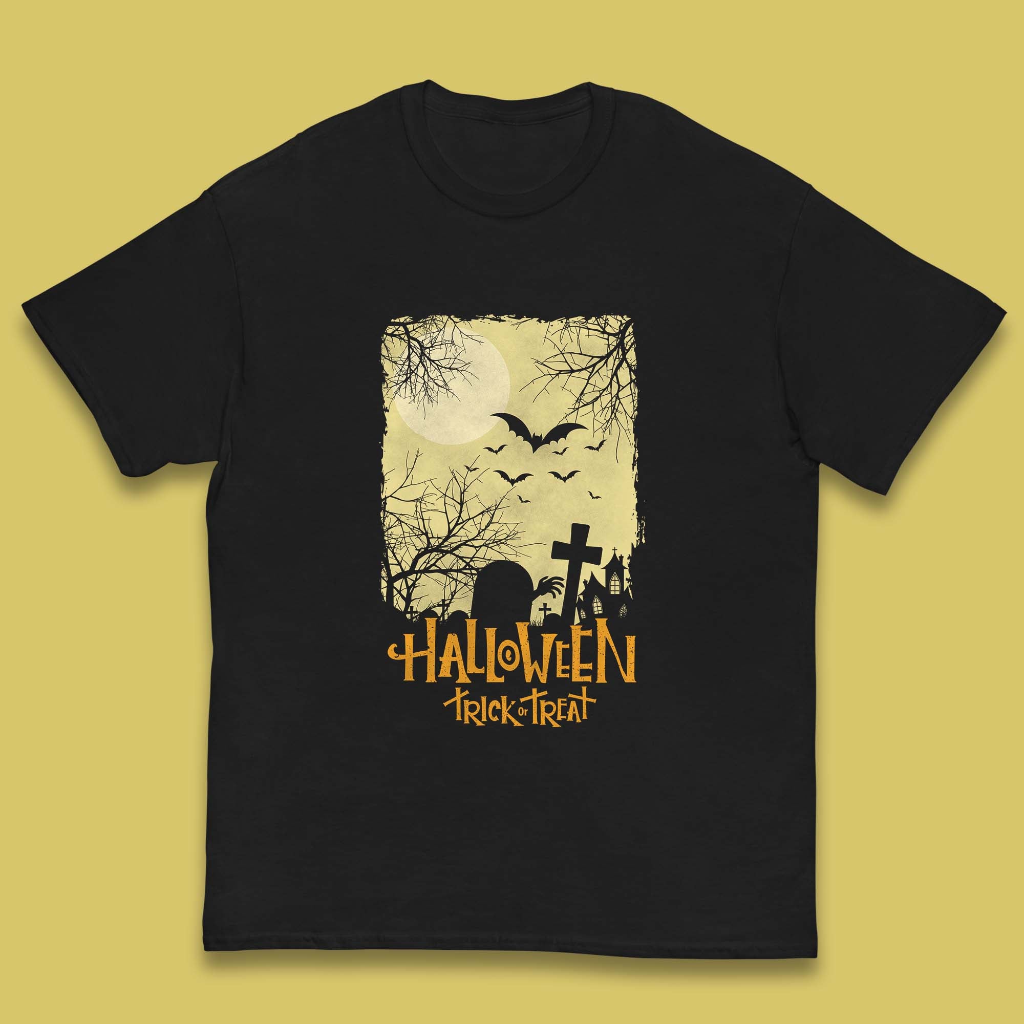 

Halloween Trick Or Treat Horror Scary Graveyards Flying Bats Full Moon Kids T Shirt 120