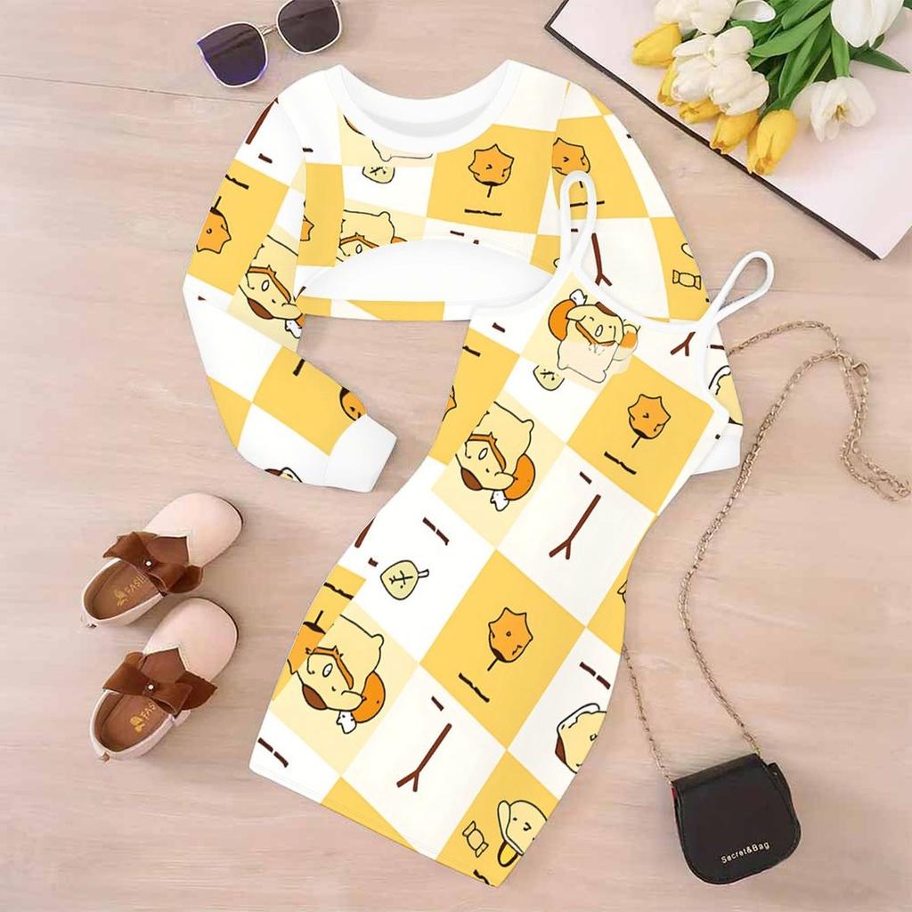 Girls Cartoon 2 Piece Outfits, Long Sleeve Crop Top + Spaghetti Strap Bodycon Dress, Light Fresh Cartoon Print Party Dress Set