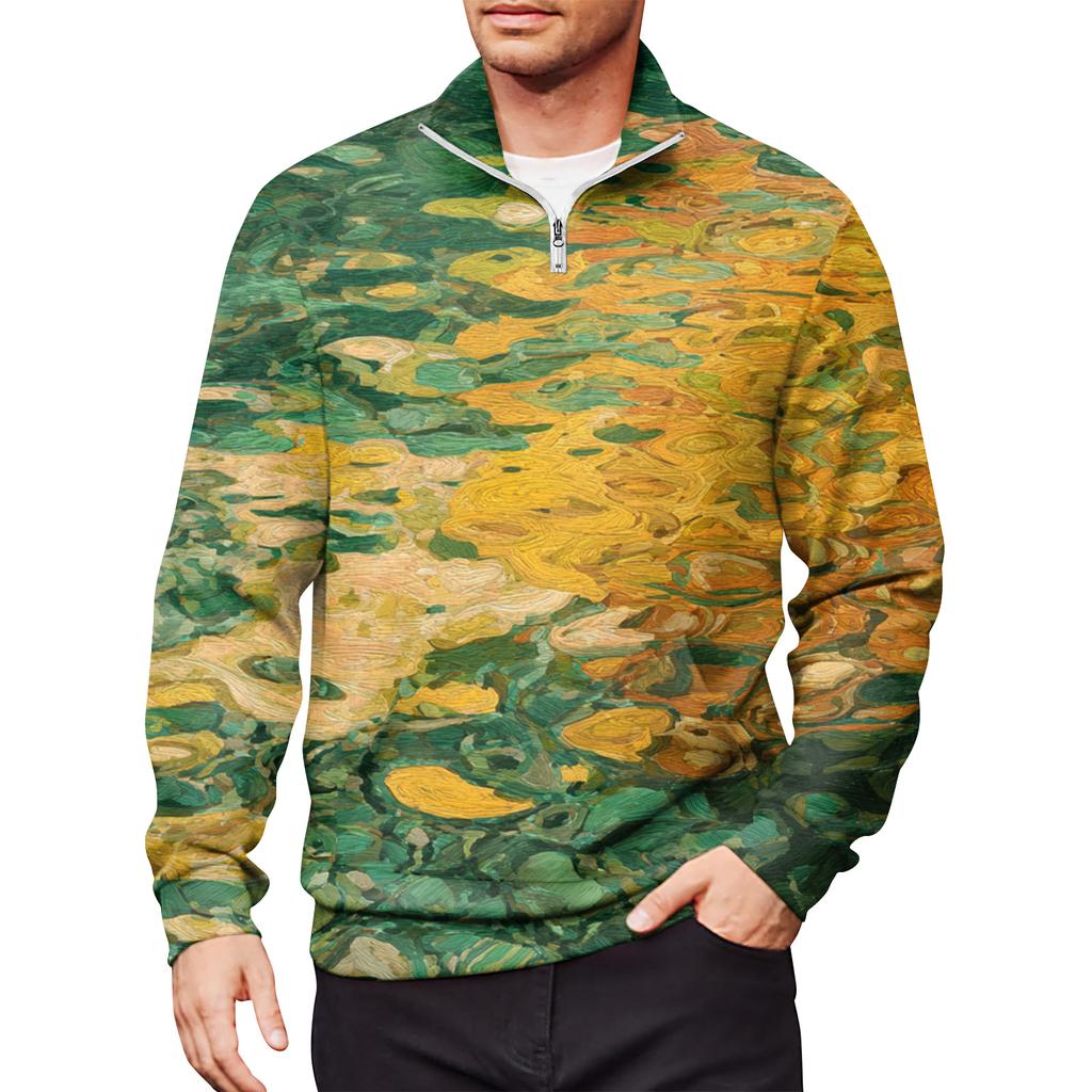 Men's Loose Casual 1/4 Zip Sweatshirt Fashion Printed Long Sleeve Top With Pockets