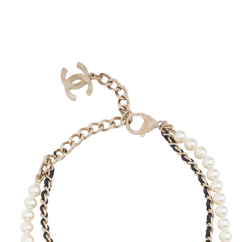 CHANEL Lambskin Pearl Sheepskin Chain Rhinestone Decorated Double Layer Metal Necklace Women's