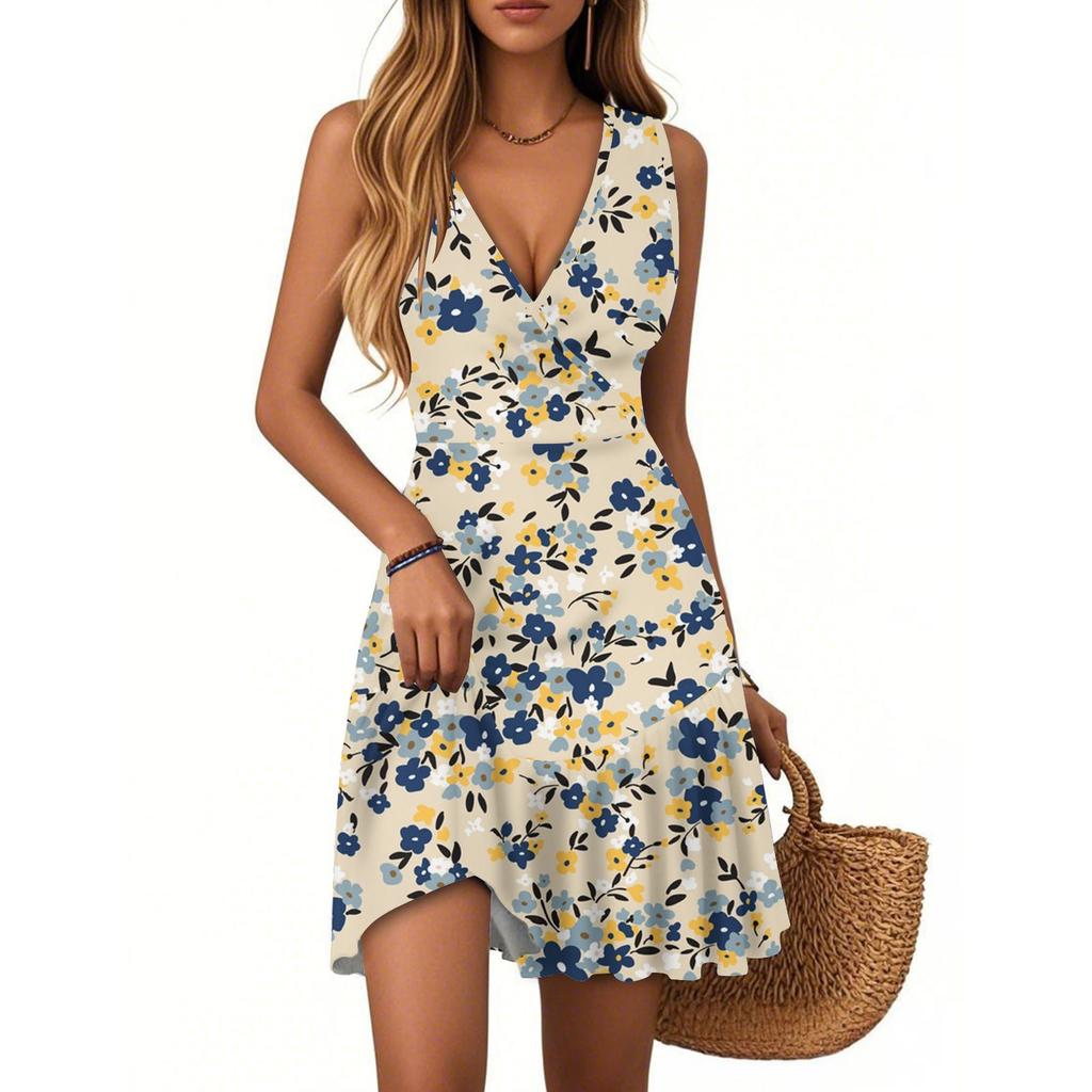 Dámské šaty s výstřihem do V, bez rukávů, ležérní, s květinovým potiskem, plisované v lemu