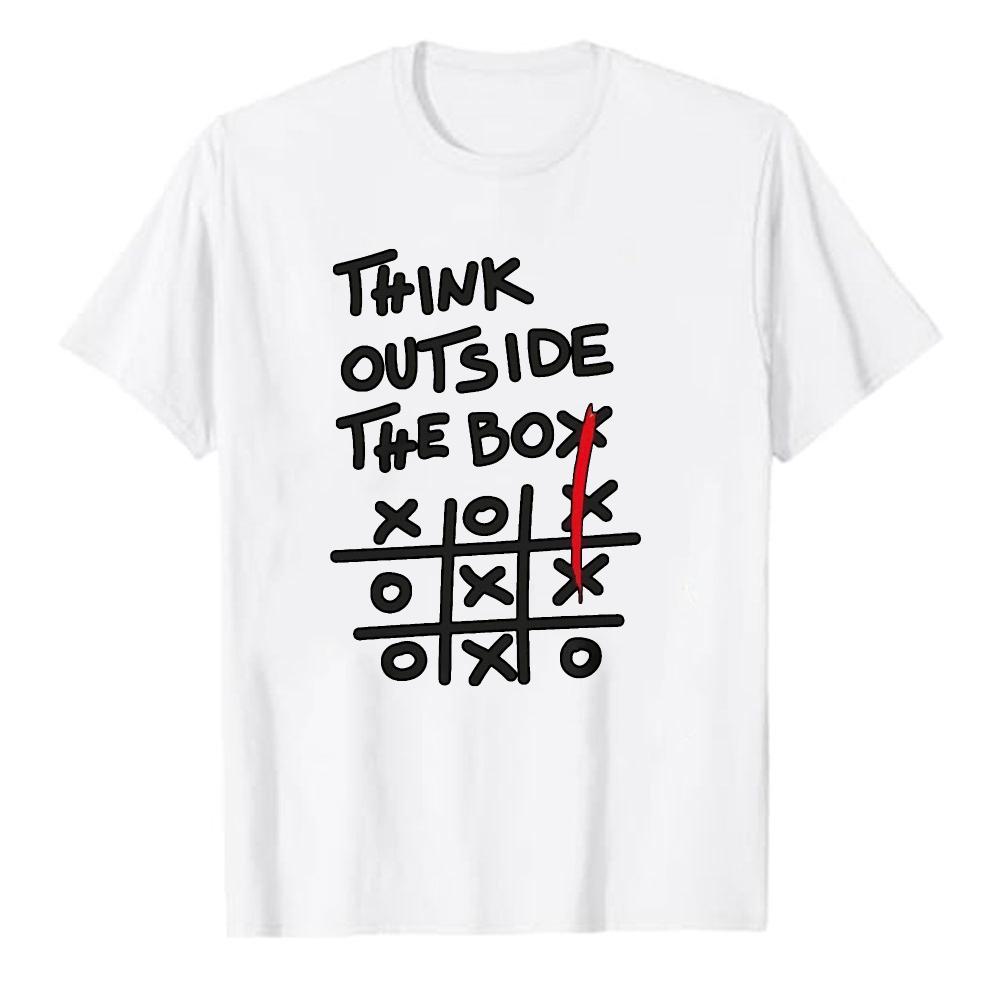 TicTacToe Graphic Print White Crewneck Short Sleeve Relaxed Fit Tee Think Outside The Box Red Diagonal Line Unisex Clothing Tops