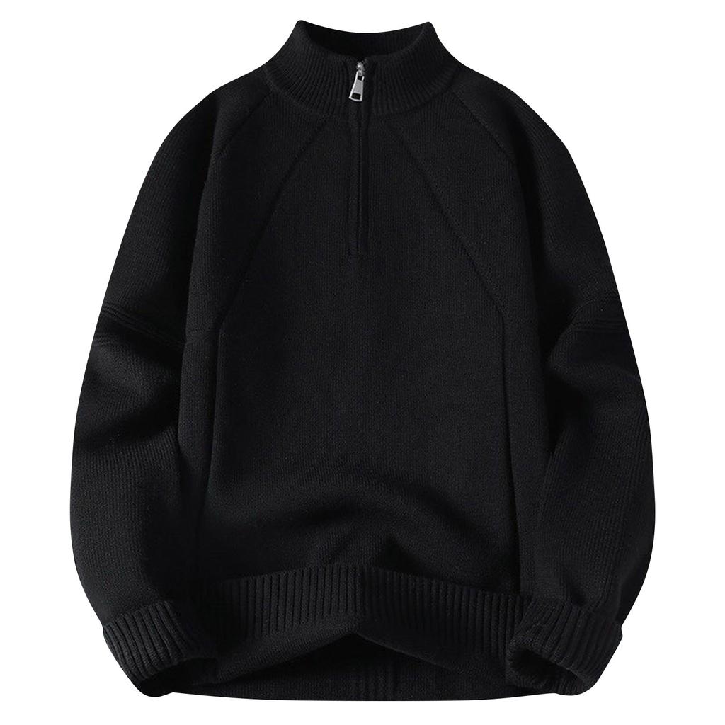 Men's Solid Color Textured Half Zipper Half Turtleneck Thickened Knitted Sweater Casual Loose Pullover Bottoming Sweater