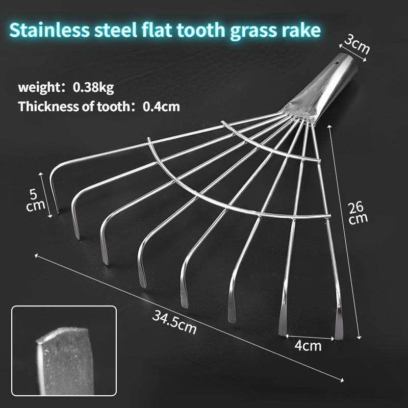 Stainless Steel Agricultural Rubber Rake Thickened Grass Rake Grain Drying Grain Rake Leaves Iron Rake Dead Leaves Lawn Rake Silver