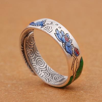 9999 Pure Silver Enamel Open Ring For Women Vintage Personality Fashion Simple Adjustable Finger Ring