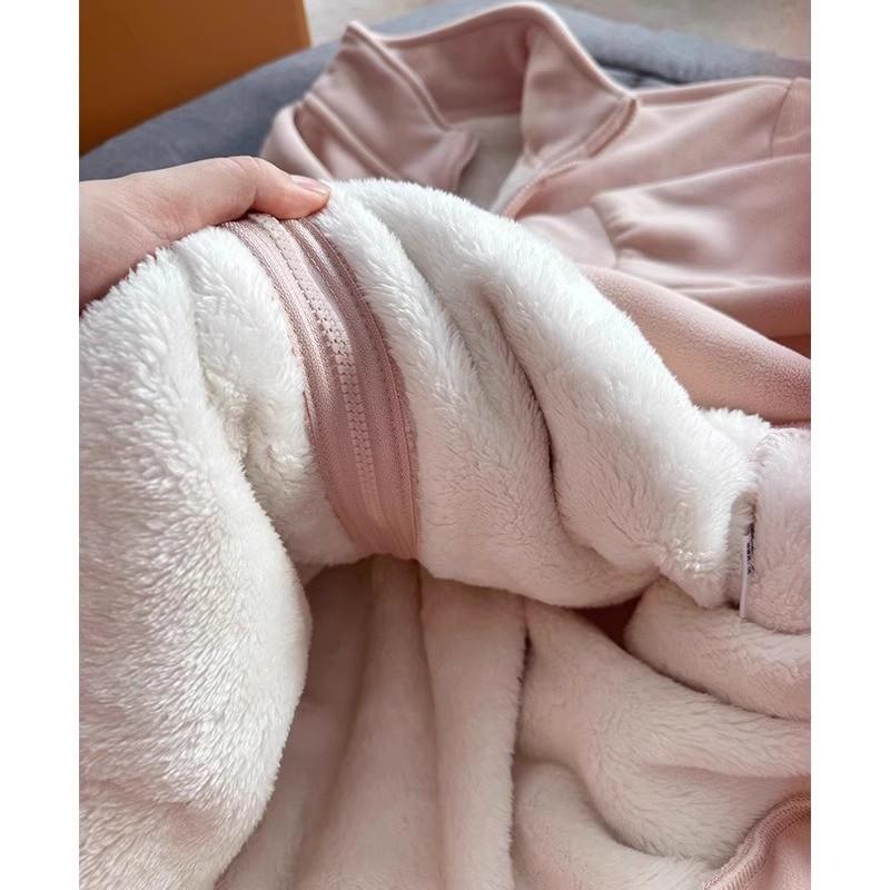 Womens Fleece Jacket Winter Warm Cardigan Double-sided Velvet Liner Stand Collar Coat