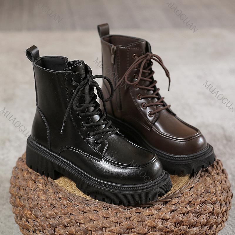 Fashion Short Lace-up Boots Women's New British Style Thick Middle Heels Women Autumn Winter Shoes Platform Black Brown Leather Botines