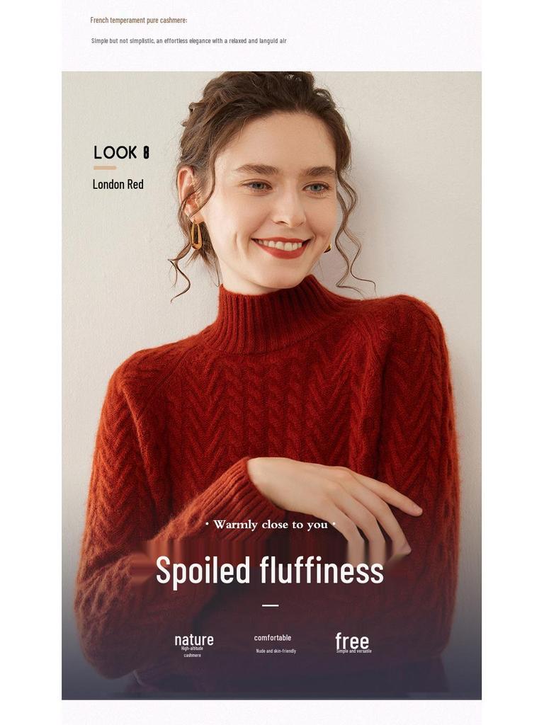 Women's Heavyweight Cashmere Sweater: Autumn-Winter Half-Neck Cable Knit Slim Pullover