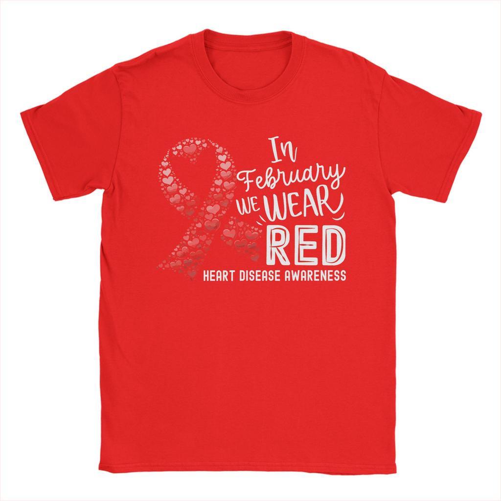 Unisexs In February We Wear Red Heart Disease Awareness Month Ribbon T Shirts  Pure Cotton Clothing Awesome Round Collar Tee Shirt