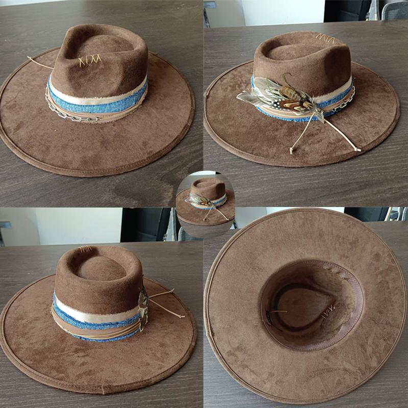Kaffee-Breitkrempen-Jazzhut für Männer und Frauen, Retro-Mode, mit Nieten und Federn verzierter Fedora, Panama-Strohhut, neuer Stil