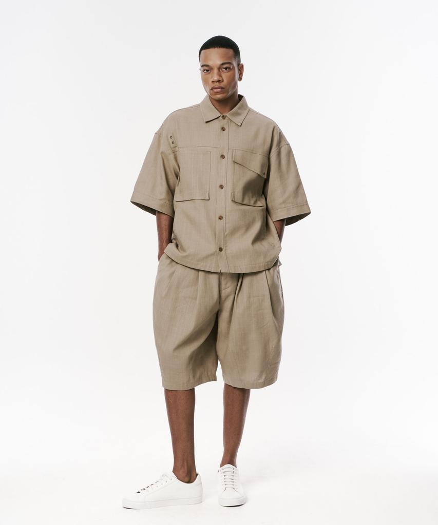 Codemorph Linen Texture Cotton Utility Short Sleeve Shirt Jacket Beige