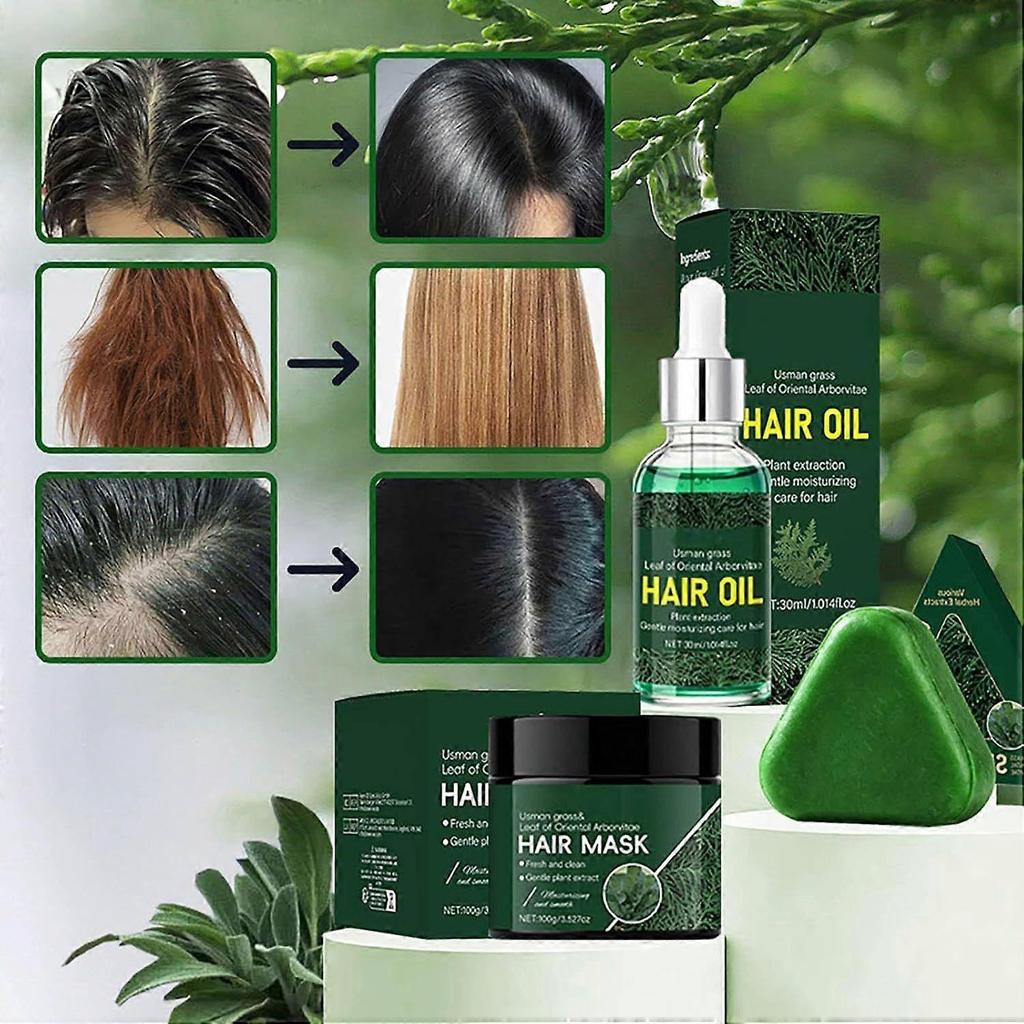 Natural Usman Grass Solid Shampoo and Conditioner Set, Hair Serum for Hair Growth, Anti-Dandruff, Damage Repair, Reducing Thinning Hair Loss with Leaf