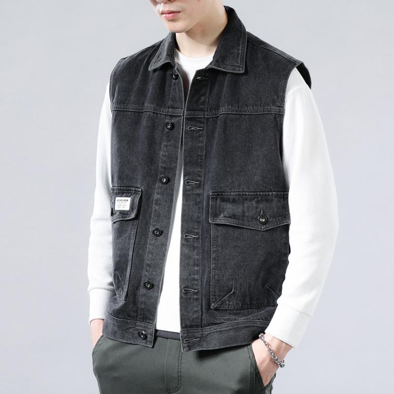 Vintage Washed Denim Vest Men's Spring and Autumn Korean Fashionable Blue Loose Sleeveless Jacket Youth Casual Multi-Pocket Vest