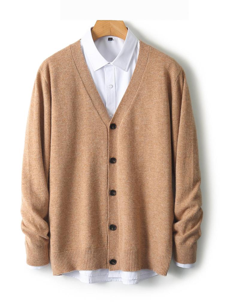 Men's V-neck Wool Cardigan: Autumn/Winter Business Casual Solid Color Long Sleeve, Warm Loose Knit Outerwear.