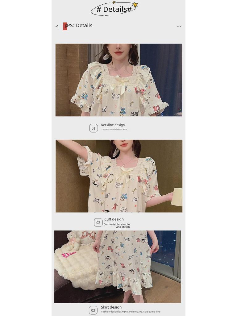 Women's Summer Plaid Nightdress, Loose Fit, Plus Size, Short-Sleeved, Korean Style Pajamas