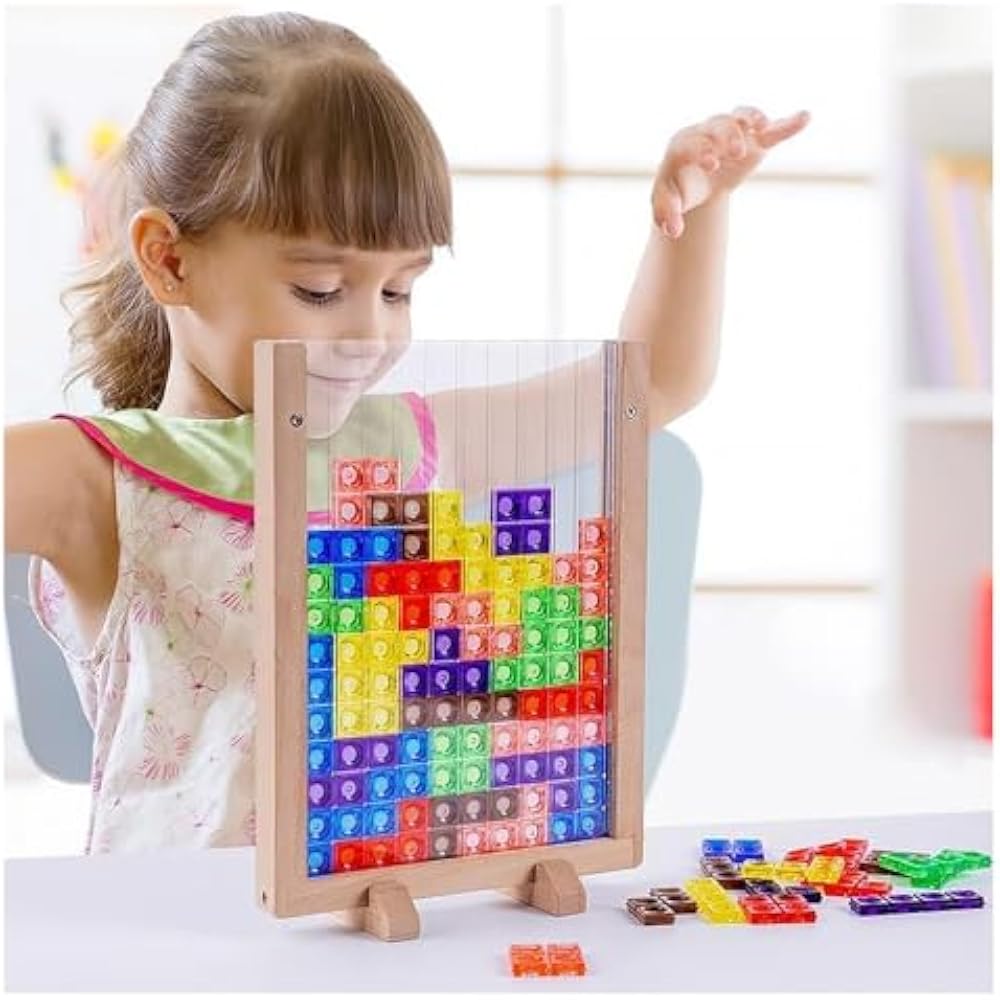 Wooden Tetris Puzzle Toy Game 3D Montessori Building Blocks Educational Puzzle Brain Training Tim...