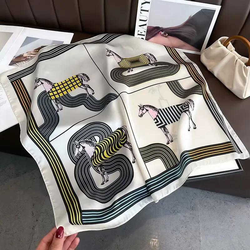 Luxury Silk Shawl Square Scarf Women Horse Satin Hijab Fashion Wraps Neckerchief Female Hair Bands Ribbon Headband Bandana 70Cm