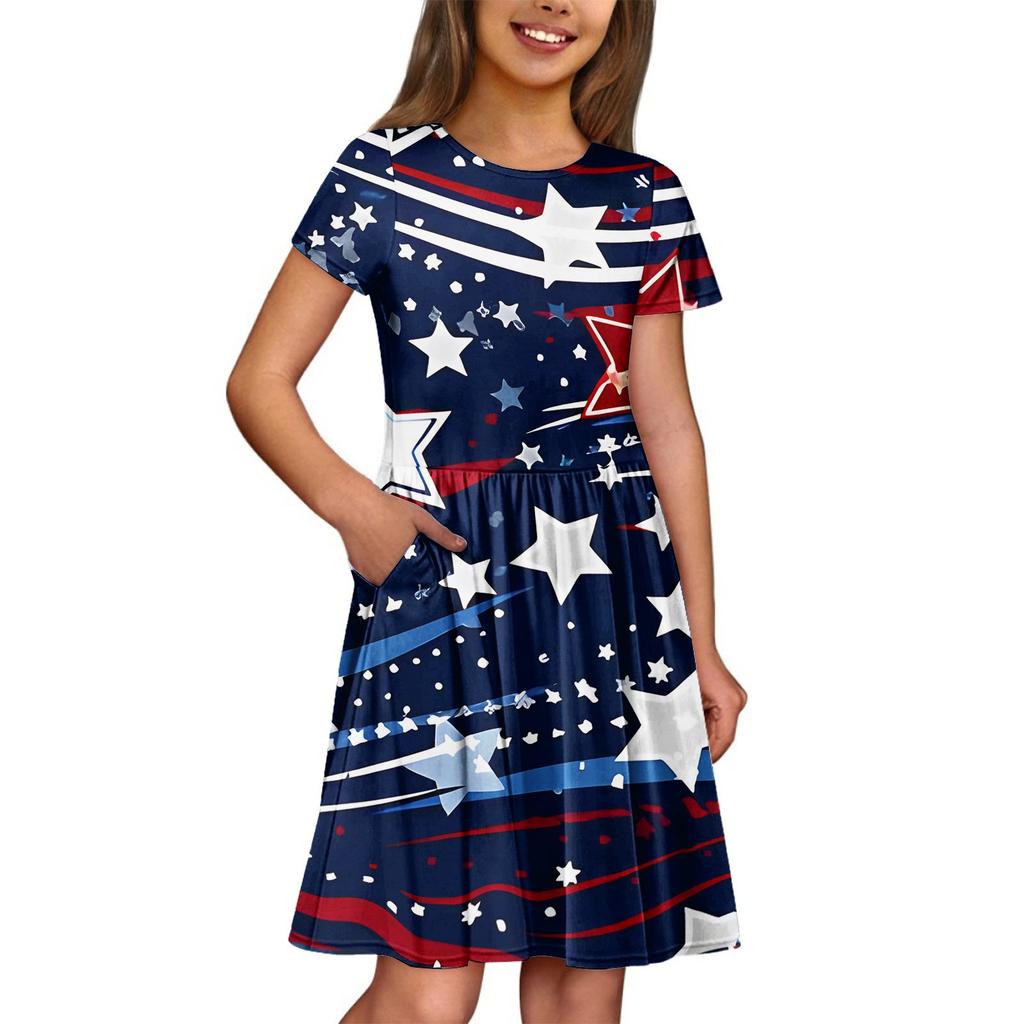 Girl Summer Dress  Solid Color & Print Sleeveless Dress With Pocket Casual Dress Shorts Sleeve Party Dress