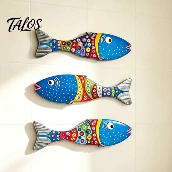 Wooden Fish Wall Art 3Pcs Decor, Boho Polka Dot Painted Ornaments, Ocean Modern Minimalist Theme Hanging for Bathroom Nursery Bedroom Living
