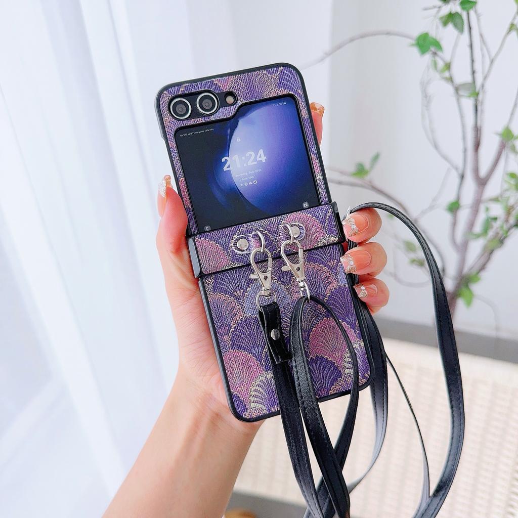 For Samsung Galaxy Z Flip7 FE 5G/Z Flip6 5G Ethnic PU Leather Coated PC Phone Cover with Crossbody Strap