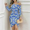 Women Plus Size Asymmetric Cold Shoulder Blue Daisy Floral Print Wrap Bodycon Midi Dress